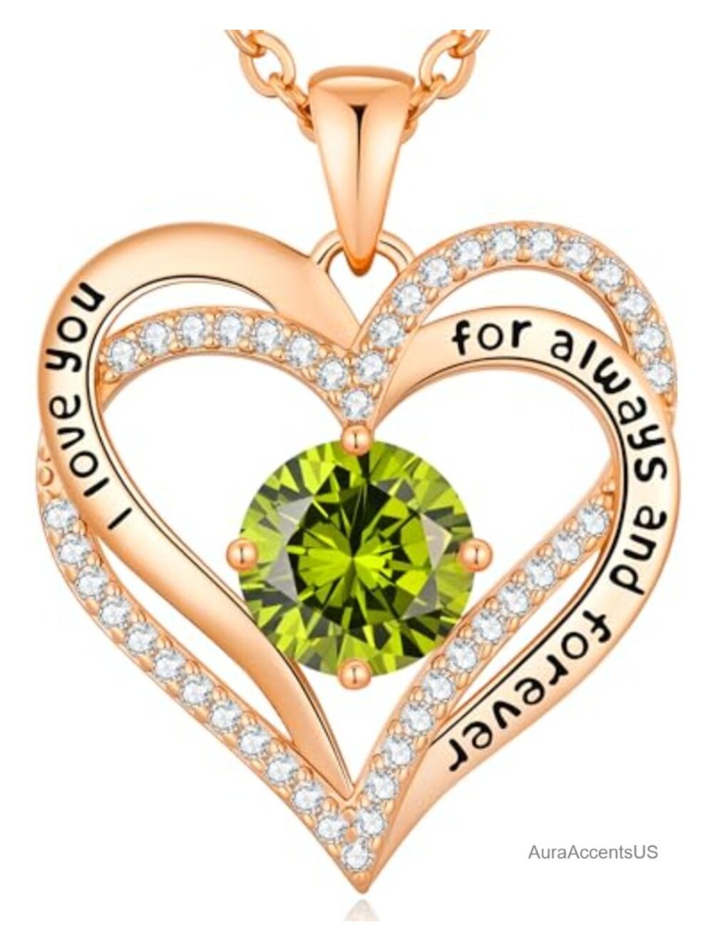 Engraved Double Heart Birthstone Necklace Rose Gold Plated Cubic Zirconia